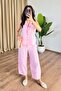 Women's Pink Top and Bottom Set Linen Vest Pants Set Buttoned Jacket with Collar Pockets Carrot Cut