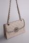 Stylish Women's Shoulder Bag with Quilted Embroidered Stone and Mesh Chain Strap Detail, Cream - 4