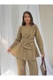 Women's Gold Buckle Bow Detailed Peplum Blouse and Wide-Leg Pants Set 3152 - Mink