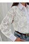 Lace Guipure Floral Embroidered Buttoned Long Sleeve Shirt 030 - Ecru - 2