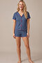 Petrol Pomegranate Flower Patterned Bowknot Ribbed Camisole Knitted Shorts Set 26120053 - 2