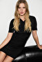 Coraje Women's Soft and Flexible Fabric Double-Breasted Collar Mini Black Dress with Drawstring Detail - 2