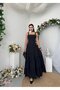 Women's Black Midi Dress Square Collar Lace Strap Layered Skirt Poplin Textured - 4