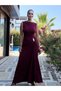 Burgundy Side Gathered Dress with Shoulder and Waist Buckles - 5