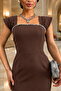 Brown Stone Detail Thick Strap Square Neck Slit Crepe Fabric Dress - 2