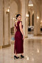 Burgundy Stone Detail Thick Strap Square Neck Slit Crepe Fabric Dress - 3