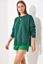 Women's Crew Neck Basic Emerald Sweatshirt with Raised Zipper Detail