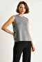 Women's Crew Neck Knitted Gray Melange Blouse with Side Button Accessories - 5