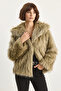 Women's Wide Collar Lined Short Faux Fur Beige Black Jacket - 5