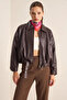 Women's Oversize Buckle Leather Brown Jacket - 7