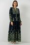 Women's V-Neck Gathered Waist Floral Patterned Viscose Navy Blue Hijab Dress - 4