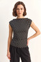 Women's Degaje Collar Polka Dot Lycra Black and White Blouse with Side Gathered Detail - 2