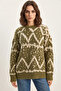 Women's Patterned Crew Neck Oversize Knitwear Green Sweater