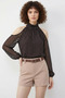 Women's Polka Dot Off-The-Shoulder High Neck Chiffon Bitter Brown Blouse - 2