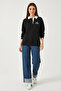 Women's Polo Collar Three-Thread Ribbed Black Sweatshirt