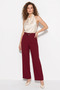 Women's Buckle High Waist Pleated Detailed Straight Leg Fabric Burgundy Trousers - 2
