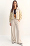 Women's Stripe Detailed Contrast Textured Jacket Wide Leg Beige Trousers Set - 5