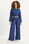 Women's Flared Sleeves, Gathered Waist Top, Pleated Belted Loose Pants, Modal Navy Blue Set
