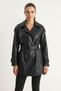 Women's Double-Breasted Collar Belted Lined Faux Leather Trench Coat Black - 7