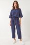 Women's Boat Neck Half Sleeve Blouse Elastic Waist Baggy Indigo Trousers Bottom Top Set - 7
