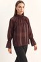 Women's Ruffle Detailed High Neck Shiny Chiffon Plum Blouse - 3