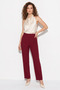 Women's Buckle High Waist Pleated Detailed Straight Leg Fabric Burgundy Trousers - 5
