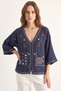 Women's Embroidered Pocket Detailed V-Neck Muslin Navy Blue Shirt - 5