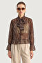 Women's Drawstring Sleeve Detailed Patterned Chiffon Bitter Brown Blouse with Tie Collar