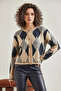 Women's Diamond Patterned Knitwear Beige Navy Blue Cardigan - 5