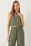 Women's High Waist Khaki Top and Bottom Set with Tie Detail Vest - 5