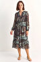 Women's Elastic Waist V-Neck Button Detailed Lined Patterned Chiffon Khaki Dress - 4