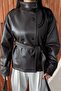 Women's Belted Stand Collar Faux Leather Short Trench Coat Jacket - 3