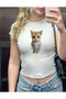 Women's Cat Printed Cotton Lycra Crop White - 2