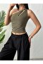 Women's Olive Green Shoulder Twist Crop Blouse