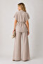 Women's Cream Stone Buttoned Linen Double Suit Belted Wide Leg Trousers - 3