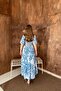 Blue Embroidered Dress with Lace-Up Sleeves - 5