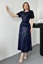 Navy Blue Midi Length Sequin Dress