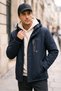 Outdoor Hooded Water and Windproof Navy Blue Softshell Coat with Fur Inside and Fiber Filling
