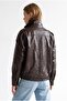 2218 Women's Stand Collar Epaulet Leather Bomber Jacket Brown - 7