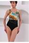 Orange and Blue Patterned V-Neck Women's Swimsuit with Piping Detail