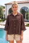 Brown Shirt Collar Short Sleeve Buttoned Mesh Pocket Belted Waist Embroidered Cotton Woven Jacket 53 60 - 5