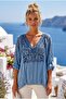 Italian Blue Lace Collar 3/4 Sleeve Lined Elastic Waist Sequined Silk Woven Blouse 65 70 - 5