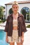Brown Shirt Collar Short Sleeve Buttoned Mesh Pocket Belted Waist Embroidered Cotton Woven Jacket 53 60 - 3
