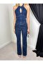 Women's Dark Blue Top and Bottom Set Denim Halter Neck Front Cutout Buttoned Blouse Spanish Flare Pants - 3