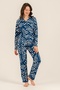 Women'S, Leaf Patterned, Navy Blue, Shirt Pajama Set (with Socks as a Gift)