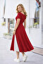 Women's Short Sleeve Asymmetrical Collar Button Detailed Midi Viscose Dress - 3