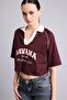 100% Cotton Oversize Contrast Polo Collar Printed Crop T-Shirt I6806Ax26Au - 3