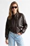 2220 Women's Ribbed Detailed Leather Bomber Jacket with Pockets Brown