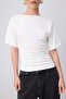 Ecru Plain Fitted Boat Neck Batwing Sleeve Three Quarter Sleeve Cotton Flexible Knitted T-Shirt Twoss26Ts00343 - 3