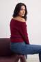 Bordo Yumuşak Dokulu Kayık Yaka Yandan Büzgülü Triko Kazak TWOAW27KZ00116 - 4